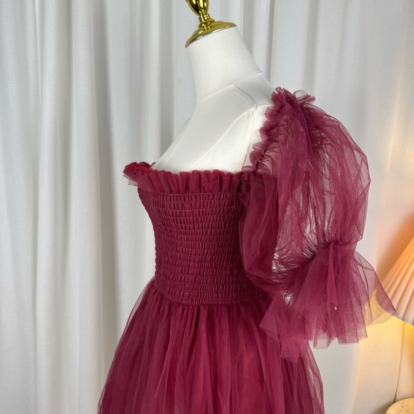 Beasha Studios Tulle Babydoll Wine Mini Dress with Puff Sleeves L - Picture 9 of 13